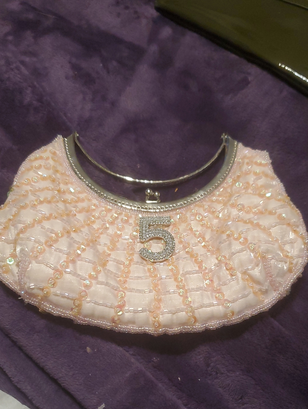 Embellished Pink Beaded Evening Clutch with Rhinestone '5' Accent
